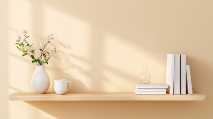 Serene Minimalist Interior Scene with Natural Light, Books, Flowers, and Simple Decor on Wooden Shelf Against Soft Beige Wall,Office interior backdrop for online meetings