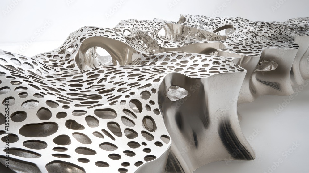 Poster Interconnected metals create a geometric network, forming a complex and visually striking structure against a white background, showcasing intricate patterns and precision.