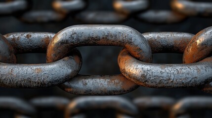 Close-up of rusty metal chain links with textured surface and industrial aesthetic