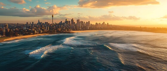 Naklejka premium Spectacular Ocean Views of Sydney Skyline at Sunset, New South Wales, Australia