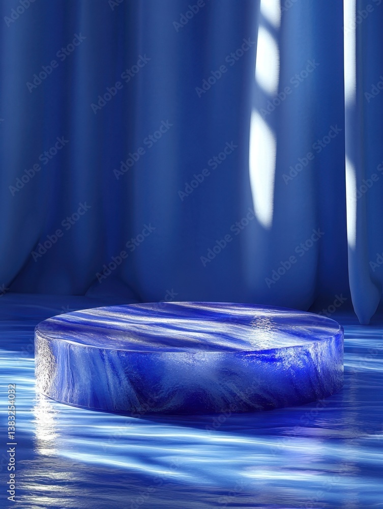 Poster elegant blue marble product display platform with soft lighting and flowing fabric background for sh