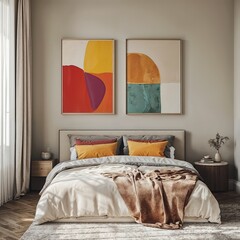 Modern Bedroom Interior with Abstract Art, Warm Neutral Colors, Decor and Relaxation.