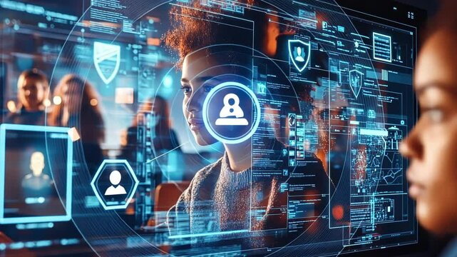 Young software developer working on a secure software project, featuring user interface elements and shield icons on a transparent digital screen, representing data protection