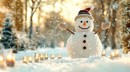 Obraz premium Winter wonderland snowman celebration outdoor park photo snowy landscape close-up festive spirit