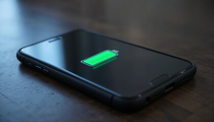 Smartphone with charging battery indicator on wooden table background