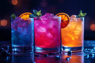Colorful selection of classic and unusual cocktails with garnish on bar counter in elegant glasses, generative ai
