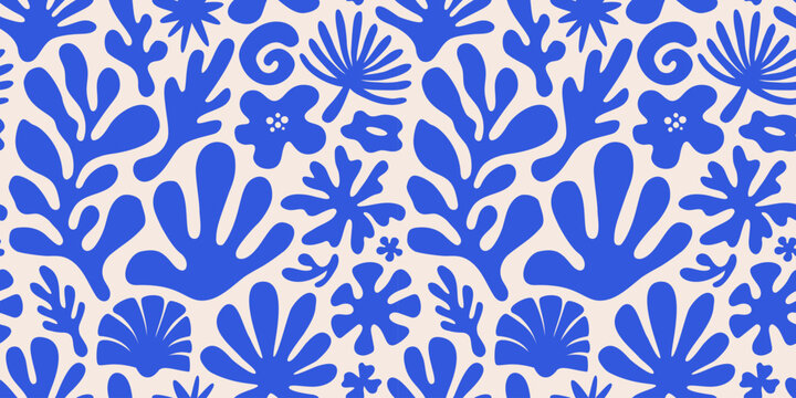 Vector seamless pattern in simple floral wavy and groovy naive style, flowers and plants, floral botanic hand drawn design templates, modern art prints, surface design, holiday and beach theme
