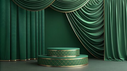 Luxurious Green Podium with Fabric Drapes - 3D Render for Premium Product Showcases with Satin Wave Texture