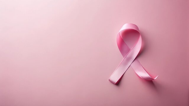 A gentle pink ribbon, a symbol of hope and support, rests on a soft pink background, creating a serene and compassionate image.