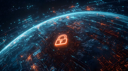 Cyber security lock symbol over digital planet earth network, global data protection concept, internet safety encryption technology, secure information system, cloud computing defense, futuristic cybe