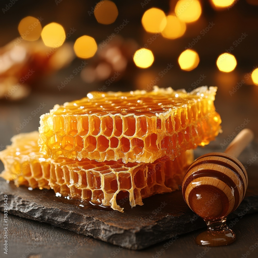 Poster golden honeycomb delightful sweetness on slate with wooden dipper and bokeh background capturing nat