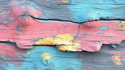 Weathered wooden surface with colorful paint streaks in red, yellow, and blue tones