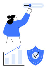 Woman interacts with a control slider, a rising bar graph symbolizes growth, and a shield with a checkmark ensures security. Ideal for data management, success, progress, optimization, solutions
