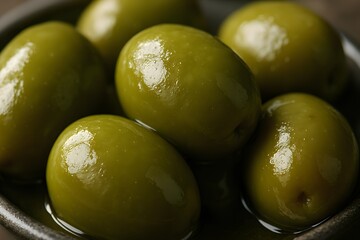 Fresh green olives in a black bowl glisten with olive oil.