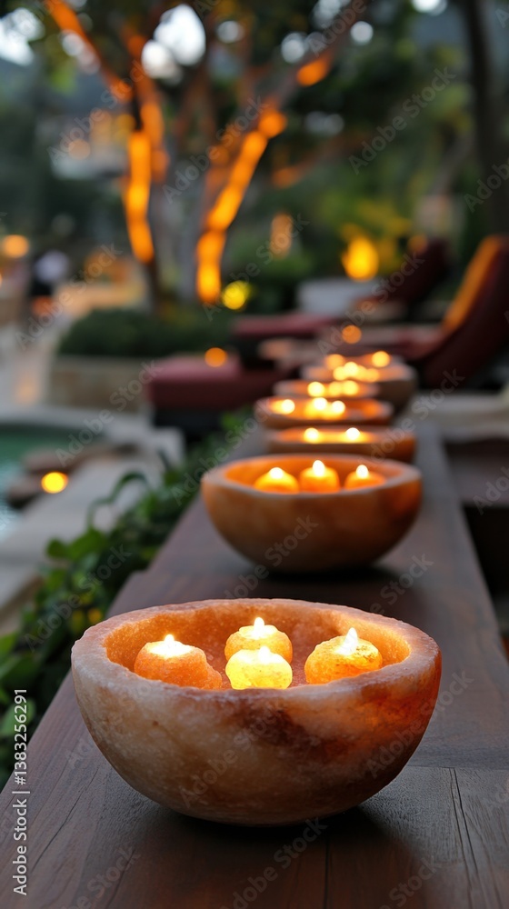 Poster serene evening ambiance with glowing candles in stone bowls illuminating a tranquil garden setting c
