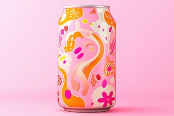 Obraz premium Aluminum can with playful abstract pattern in pink, orange and white tones on a pastel pink background
