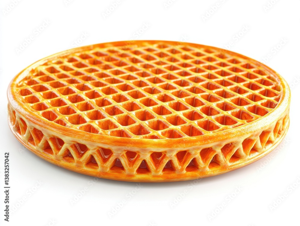 Poster appetizing round waffle with a golden hue on a clean white backdrop showcasing its intricate pattern