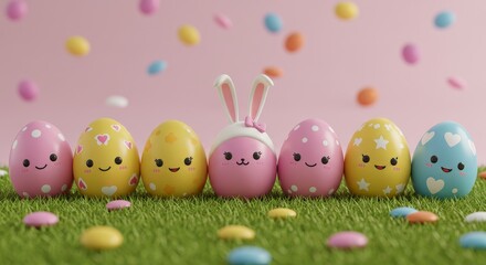 Celebrate Happy Easter with colorful Easter eggs in a lush green meadow under bright sunlight and a warm spring sky. Experience the joy of Easter on a beautiful spring day filled with renewal