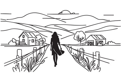 Woman black silhouette walking on village road, sketch, doodles