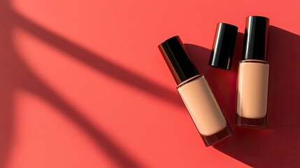 Obraz premium Matte foundation bottles arranged diagonally on a smooth red background with soft shadows