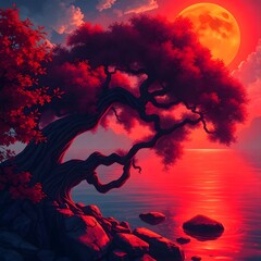 Fototapeta premium 4K digital painting, bold acrylic painting, warm autumn colors, fantasy tree, blood moon, retro art style, vibrant high-detail colors art illustration design