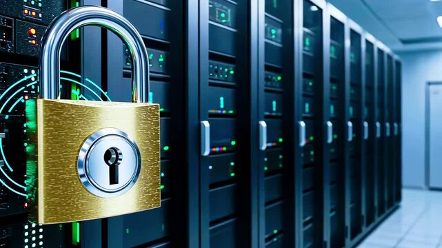 Secure server room with digital lock symbolizing data protection and cybersecurity measures