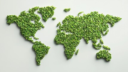 A verdant world: global map crafted from lush green foliage against a serene white backdrop.