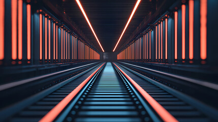 Naklejka premium A futuristic tunnel with illuminated tracks and vibrant neon lights, creating a striking visual perspective.