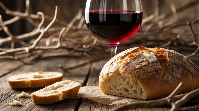 Close-up view of bread and a cup of juice on a wooden table for communion, concept as a reminder of who perished for humanity on the cross, background, copy space.