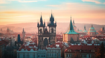 Fototapeta premium Panoramic sunrise view of a historic European city skyline, showcasing numerous spires, towers, and red-tiled roofs in a hazy atmosphere