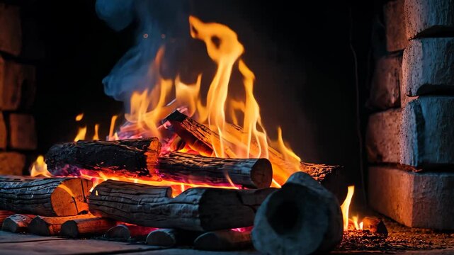 Illuminated flames in a stone fireplace