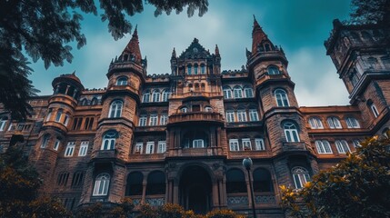 Majestic stone castle, Gothic architecture, dramatic sky