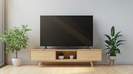 Serene interior: modern entertainment unit with lush greenery, a minimalist composition in a calm and bright ambiance.