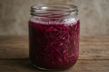 Fermented red cabbage in a glass jar on a wooden table.