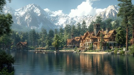 Fototapeta premium Mountain lake village, sunny day