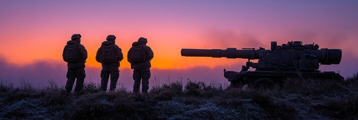 Fototapeta premium Soldiers and artillery at dawn