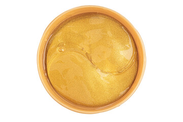 Jar with gold eye patches isolated on white background, top view. Cosmetic product
