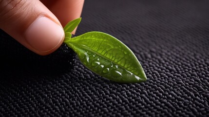 Small leaf with water droplets on dark surface