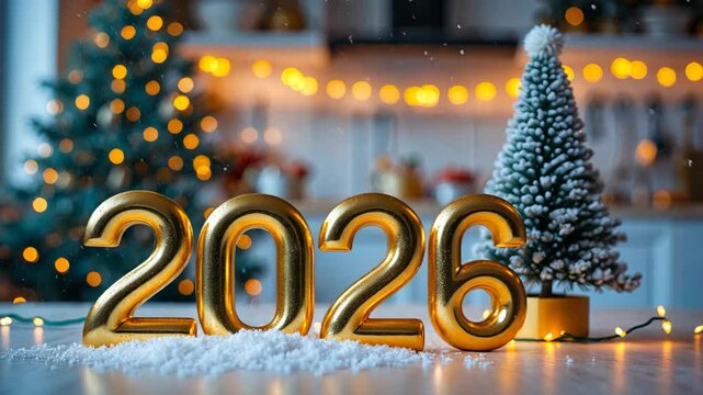 Golden number placed on a table in the backdrop of a warm white kitchen featuring a Christmas tree and holiday decor with garland lights. Housing, interior, renovation, mortgage, rent.