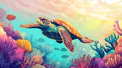 A majestic sea turtle's graceful journey through a vivid coral reef, bathed in the gentle light of the sun.