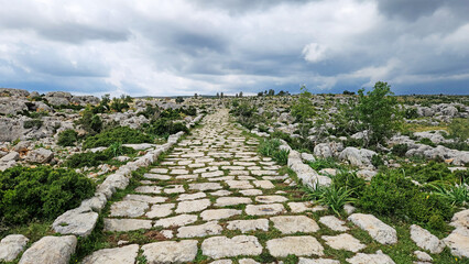 In Saglikli, Tarsus, Mersin, a view of the ancient Roman road which is 3 m wide and 3 km long. Curbstones are still intact, showcasing its historical significance.