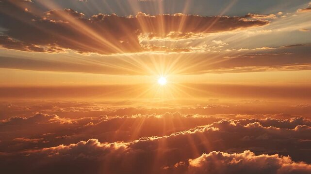 Beautiful scenic panorama of the vibrant sunrise with silver lining and clouds in the orange sky.