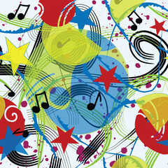 Bright and abstract musical pattern with stars, notes, and energetic splashes in red, blue, green, and yellow. Perfect for digital projects and prints.