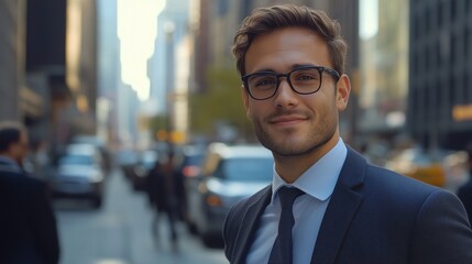 Fototapeta premium A man in a suit and glasses smiling while standing on a busy city street