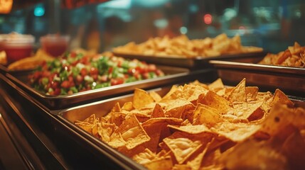 Golden nacho pyramid: a culinary landscape of tortilla chips, fresh salsa, and flavorful delights displayed on metallic platters.
