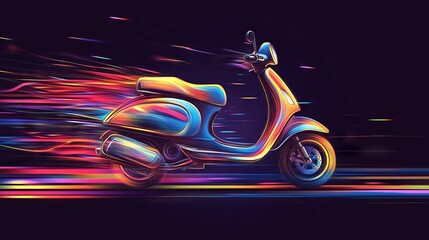 Chromatic velocity: a vivid scooter journey through a rainbow haze of speed and light.