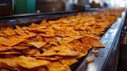 Golden corn crisps cascade down a conveyor, ready for snacking joy and flavorful indulgence.