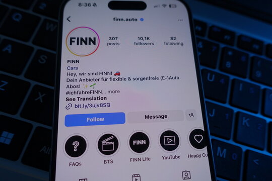 Kiel, SH, Germany, 04-04-2025: Finns Instagram Account Showcases Innovative Electric Car Subscriptions with Engaging Content for Enthusiasts