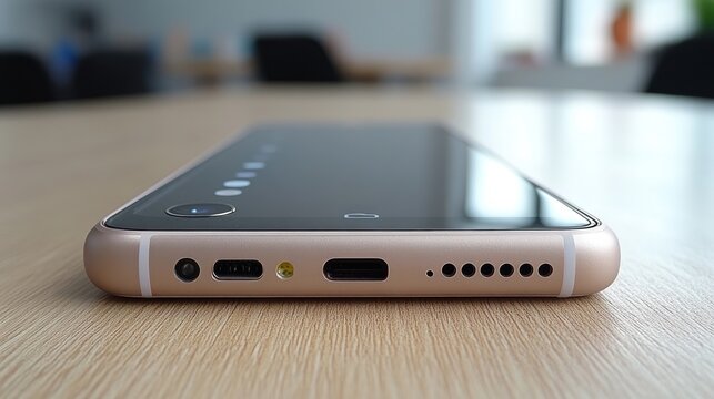 Rose gold smartphone on wooden table