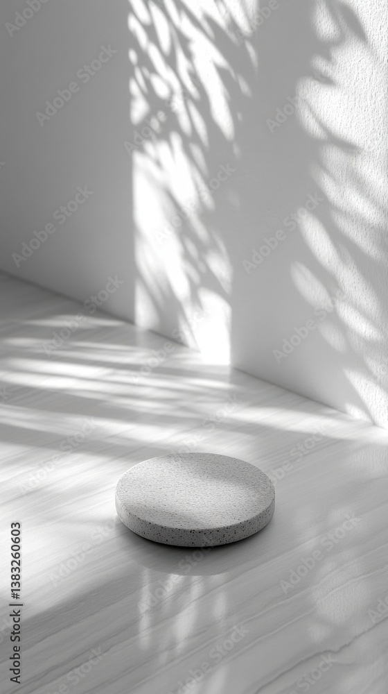 Poster minimalist product display featuring a round stone platform against a textured wall with leaf shadow